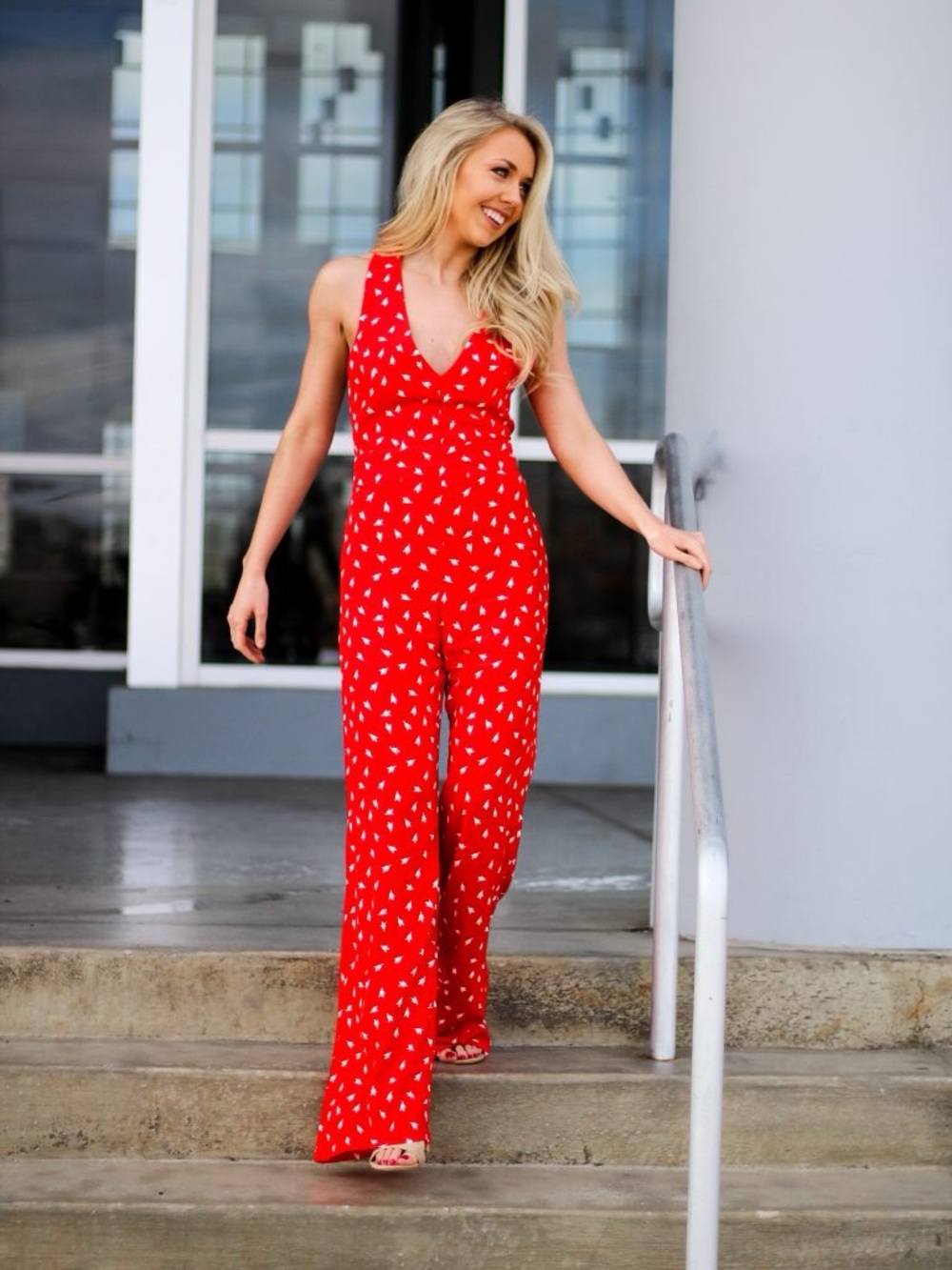 Vici Red Sleeveless V-Neck Wide-Leg Printed Jumpsuit